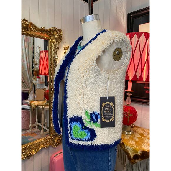 vintage 1970s crazy latch hook vest hippie boho novelty hearts s/m blue ivory - Picture 5 of 7